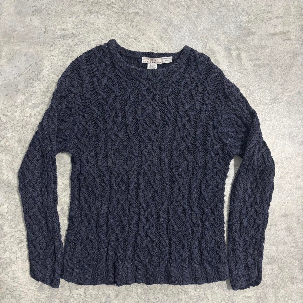 Eddie Bauer Navy Blue Cable Knit Sweater Women's Medium Linen Cotton Blend